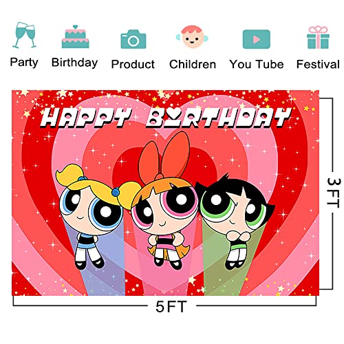 Cartoon Girls Backdrop For Party Supplies 5X3Ft Powerpuff Girl Birthday Banner Baby Shower Photo Background For Kids Party Decorations Superhero Girl Photography Backdrop #TOP1
