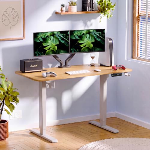 Image of V ONE Electric Standing Desk with 1-Piece Solid Top | Heavy Duty Height Adjustable Computer Desk | 3 Memory Preset | 5 Year Warranty | for Home Office (Maple Fusion, 140 * 60 CM)