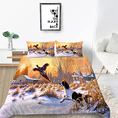 Bedding Duvet Cover Double Set Dog Pheasant 3D Personalized Printed Quilt Duvet Cover with Zipper Closure, Soft Microfiber Bedding (Double Size, 3 Pieces)