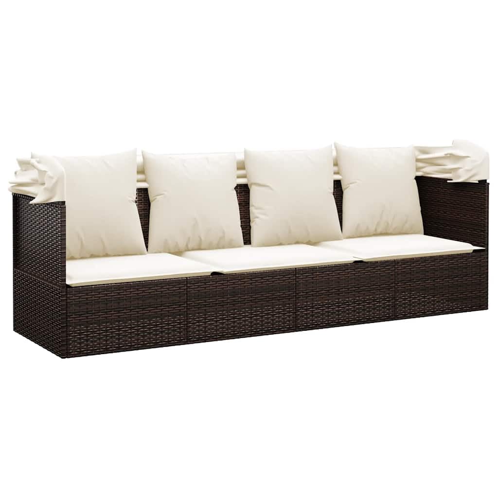 Lettino da esterno in polyrattan marrone con tettuccio parasole pieghevole, seduta e schienale imbottiti, regolabile, ergonomico, per giardino, terrazza, balcone, resistente alle intemperie