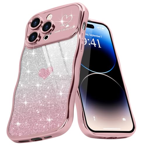 Teageo for iPhone 14 Pro Max Case for Women Girls Cute Curly Wavy Frame Love Heart Glitter Bling Camera Protection Luxury Elegant Shockproof Clear Wave Phone Case for iPhone 14 Pro Max 6.7