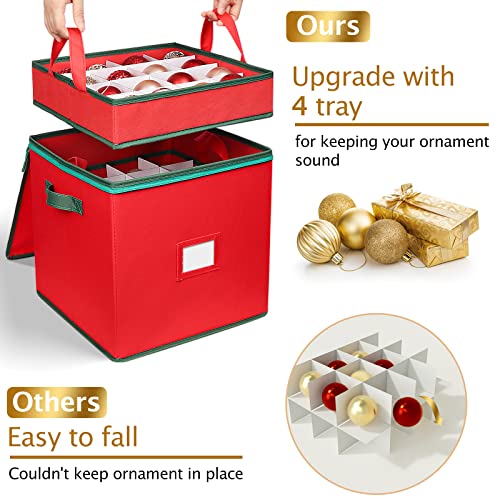 Christmas Ornament Storage Box Holiday Decoration Organizer, Christmas Ball Accessories Holder with Adjustable Dividers, Zippered Closure, 4 Removable Trays
