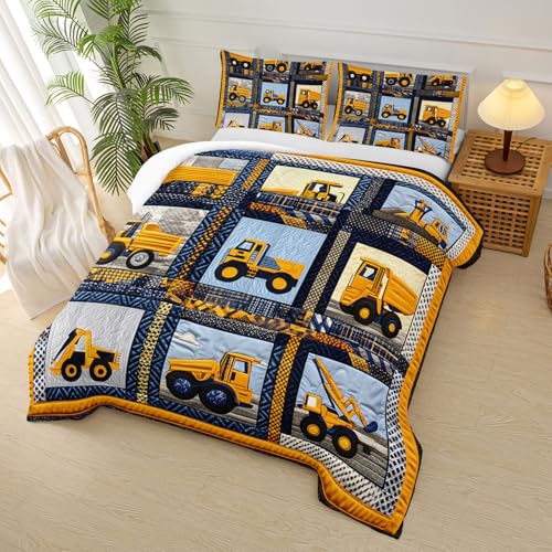 Image of Kids Excavator Comforter Set Twin,Boys Construction Bedding Set,Yellow Vehicles Excavator Tractor Print Bedding Set,Soft Microfiber Cartoon Truck Quilt Set for Room Decor