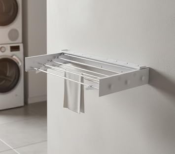 Wall Mounted Clothes Drying Rack, 32" Space Saving Foldable Laundry Drying Rack with Wall Template for Bathroom, Apartment, College Dorm White Shelf with 5 Rods and 6 Hooks