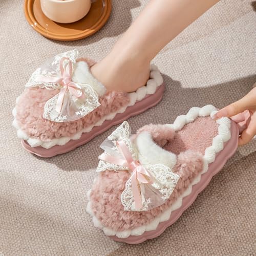 Cute Bow Fuzzy Slippers for Women, Fluffy Cozy Warm Womens Slippers with Thick Sole (Pink, 7-7.5)2