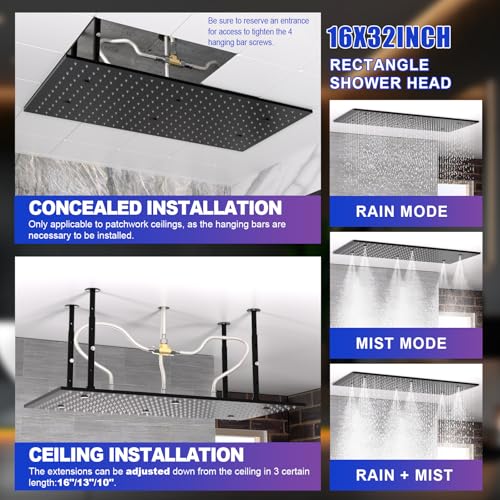 HOMEDEC 2-Functions Luxury High Pressure Rain Shower Head, 16"x32" Large Ceiling Full Body Shower Head with Silicone Nozzles Rectangle Mist Showerhead, Black Finish by HOMEDEC - Image 3