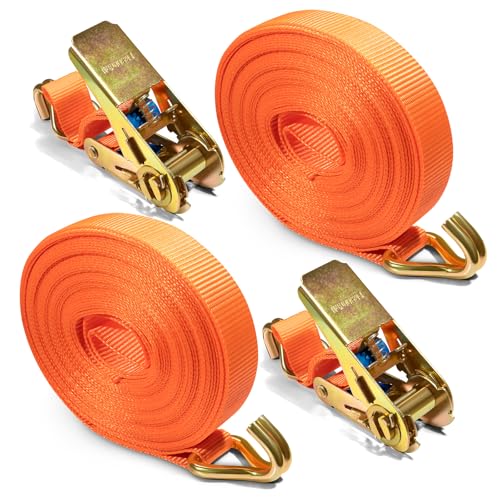 2 Stück Spanngurte mit Ratsche 10m x 25mm Spanngurt J Haken 1000kg Tragkraft Spanngurte Duty für Motorräder Auto Anhänger Ladungssicherung (Orange)