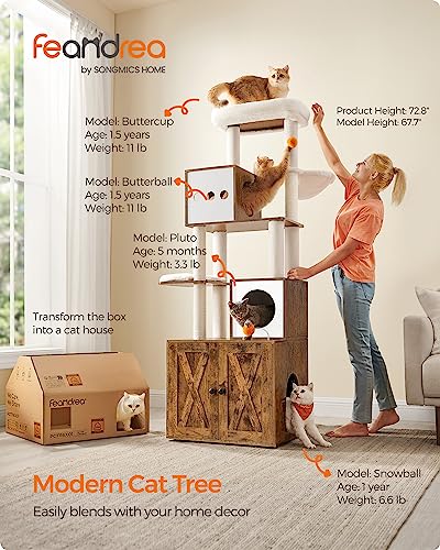 Feandrea Árvore de gatos com caixa de areia, torre moderna 2 em 1, playground para gatos de 180 cm c