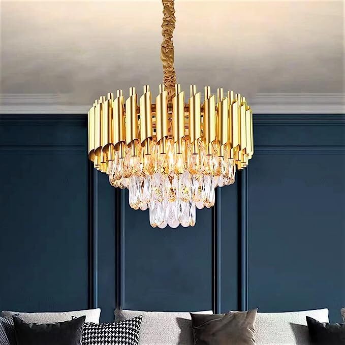 Image of Modern Crystal 400mm Chandelier Black and Gold Chandelier Round Chandeliers Pendant Ceiling Light Fixture Flush Mount Chandelier for Dining Room Living Room Bedroom Foyer Hallway Entryway