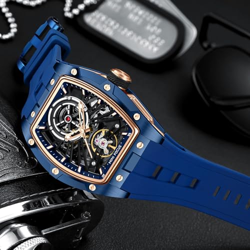 Image of MF MINI FOCUS Unique Men Watches,Automatic Mechanical Watch,Luxury Hollow Tonneau Watches for Men with Stainless Steel Case and Silicon Band (Self-Wind Movement /5ATM Waterproof /Super Luminous)