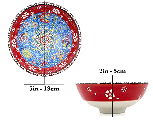 Bestchoice 4 Pcs Cute Hand Painted 5" Inc Decorative Design Turkish Ceramic Snack Bowls - Handcrafted Pinch Multicolor Medium Serving Bowls - Boxed Best Gift Idea #TOP2