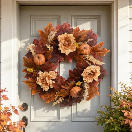 Image of DN DECONATION Fall Wreath for Front Door, Artificial Flowers for Outdoors | 22in, Brown Autumn Wreath, Artificial Fall Flowers, Maple Leaf Pumpkin Peony, Thanksgiving Harvest Farmhouse Home Decoration
