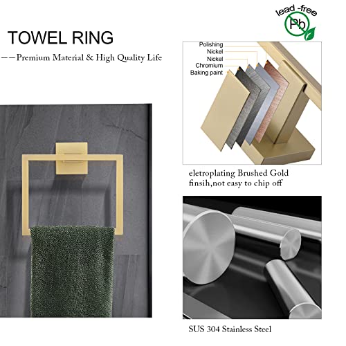 TNOMS 5-Piece Bathroom Hardware Set 23.6 Inch Gold Towel Bar Set Towel Bar Towel Ring Coat Hook and Toilet Paper Holder with Shelf Wall Mounted Stainless Steel Bathroom Accessories Set by TNOMS - Used condition - Image 3