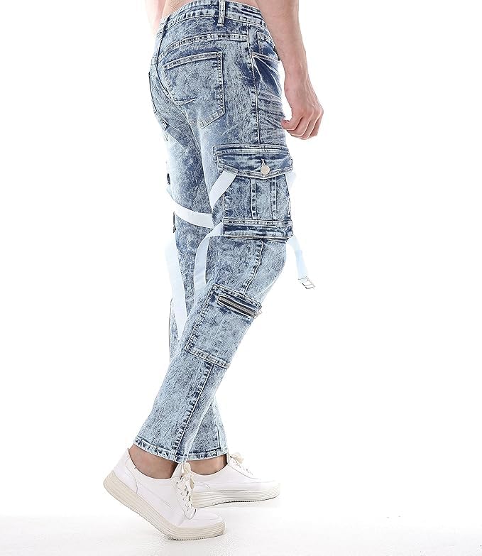 ABSECAI Mens Fashion Slim Fit Skinny Hip Hop Cargo Straps Jeans - Image 3
