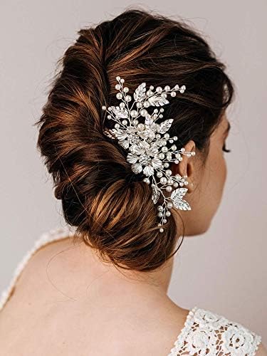 AW BRIDAL Wedding Hair Clip Rhinestones Hair Comb for Women Bridal Flower Hair Piece Crystal Wedding Hair Accessories for Brides (Silver)