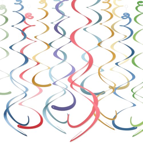 Image of HonuGoGo Boho Party Decorations, 48 Pc Retro Paper Hanging Swirls | Vintage Neutral Tone Paper Streamers with Hooks for Birthday, Baby Shower, Wedding, Brunch, Classroom & Home Celebrations