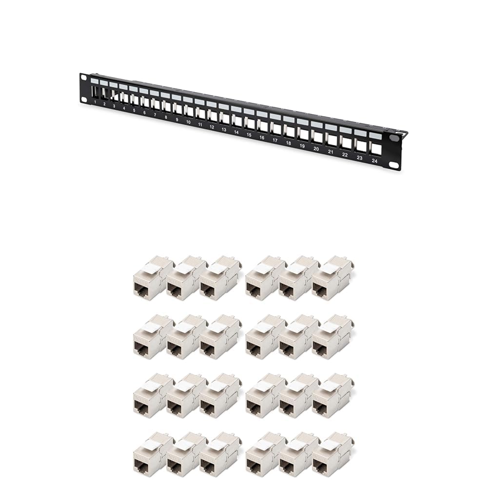 DIGITUS Set: Pannello patch - modulare - 19 pollici - 24 porte - schermato - montabile su rack 1U - nero - con 24x modulo Keystone Cat6A