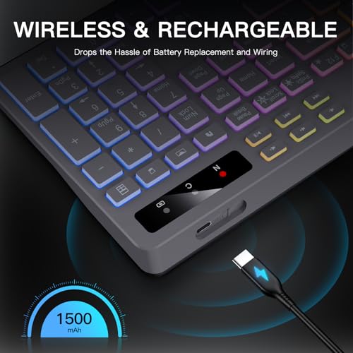 Image of Soueto Wireless Keyboard with 7-Color RGB Backlit, Full-Size Computer Keyboard with Phone Tablet Holder, 2.4G Rechargeable Gaming Keyboard with Light Up Keys, Compatible with Mac, Windows (Grey)