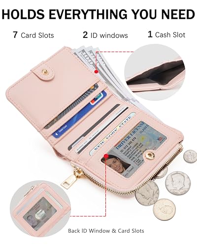 Image of Small Bifold Wallets Woman RFID Mini Wallet for Women Slim Card Holder with Zipper Coin Pocket & 2 ID Windows(Pink)
