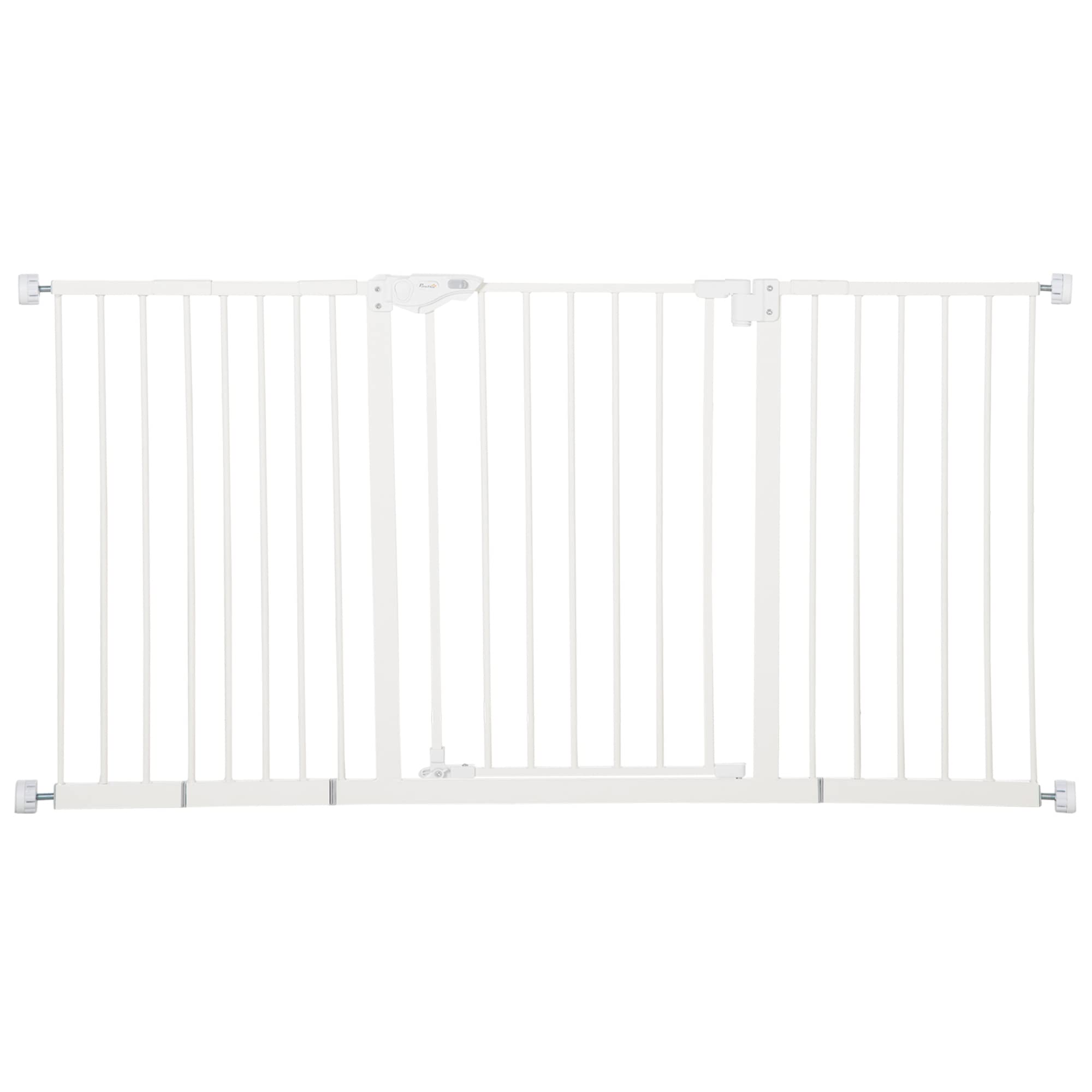 PawHut Barrera de Seguridad Extensible para Puertas y Escaleras Barrera para Perros con Cierre Automático y Sistema de Doble Bloqueo Metal 74-147,5x76,2 cm Blanco
