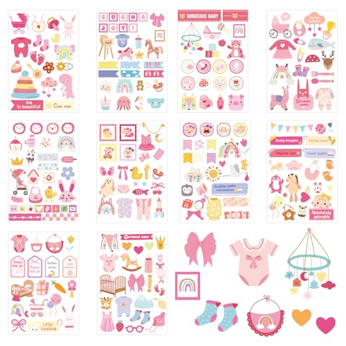 10 Sheets Baby Girl Scrapbook Stickers Pink Newborn Theme Baby Scrapbooking Stickers Supplies Pregnancy Planner Decal for Memory Book & Photo Albums