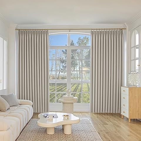 MUMFAS Pinch Pleated Drape Blackout Linen Curtain Thermal Insulated Room Darkening Window Treatment Panel for Bedroom,Floor to Ceiling Patio Door,Home Decor 72X84 Inch Length 1 Panel Mushroom Beige Cover