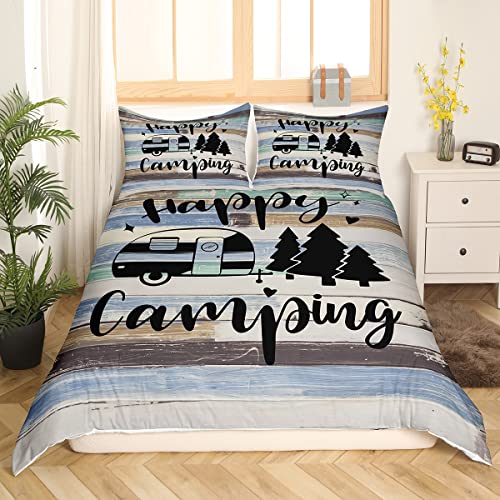 Happy Camping Bedding Set Farmhouse Brown Blue Wood Barn Comforter Cover Set for Kids Teens Bedroom Decor RV Camper Travelling Duvet Cover Microfiber Breathable Bedspread Double Size - Image 2