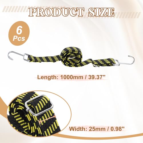 Image of uxcell 6Pcs Adjustable Bungee Cords with Hooks, 39 Inch Flat Heavy Duty Elasticity Straps Rubber Bungee Cords with Buckle for Outdoor, Camping, Tarp, Bike Rack, Luggage, Black Yellow