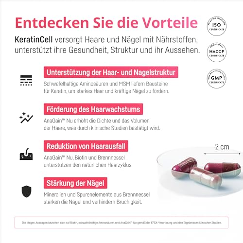 Keratin Kapseln – Haarvitamine mit Biotin (2000 µg), MSM, Eisen & Brennnessel – mit AnaGain aus Erbsensprossen – für Frauen & Männer – vegan, laborgeprüft (60 Kapseln)