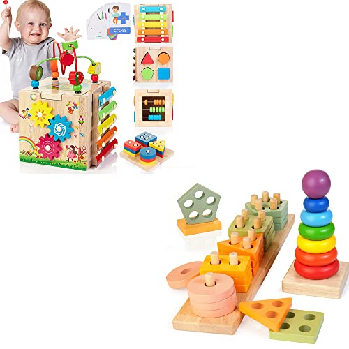 Image of Bravmate Wooden Activity Cube & Sorting Stacking Toys, Preschool Learning Educational Toys