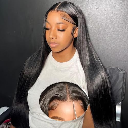 28 Inch Wear and Go Glueless Wigs Human Hair Pre Plucked Pre Cut for Beginner 13x4 HD Lace Front Wigs Human Hair Straight Lace Front Wigs No Glue Ready to Wear Natural Black Color 180% Density