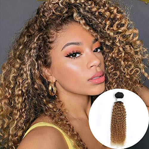 KEMY 8 Inch Kinky Curly Human Hair Bundles Ombre Weave 1pcs For Bob Hairstyle 2 Tone Dark Root to Honey Blonde Ombre Hair Extension for Black Women (8 Inch)