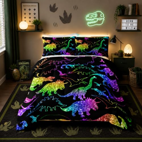 Image of QOOMO Rainbow Dinosaur Comforter Set for Girls Boys, Twin | Cartoon Dino Kids Bedding, 1 Comforter + 2 Pillowcases, Shiny Glitter, Bedroom Decor