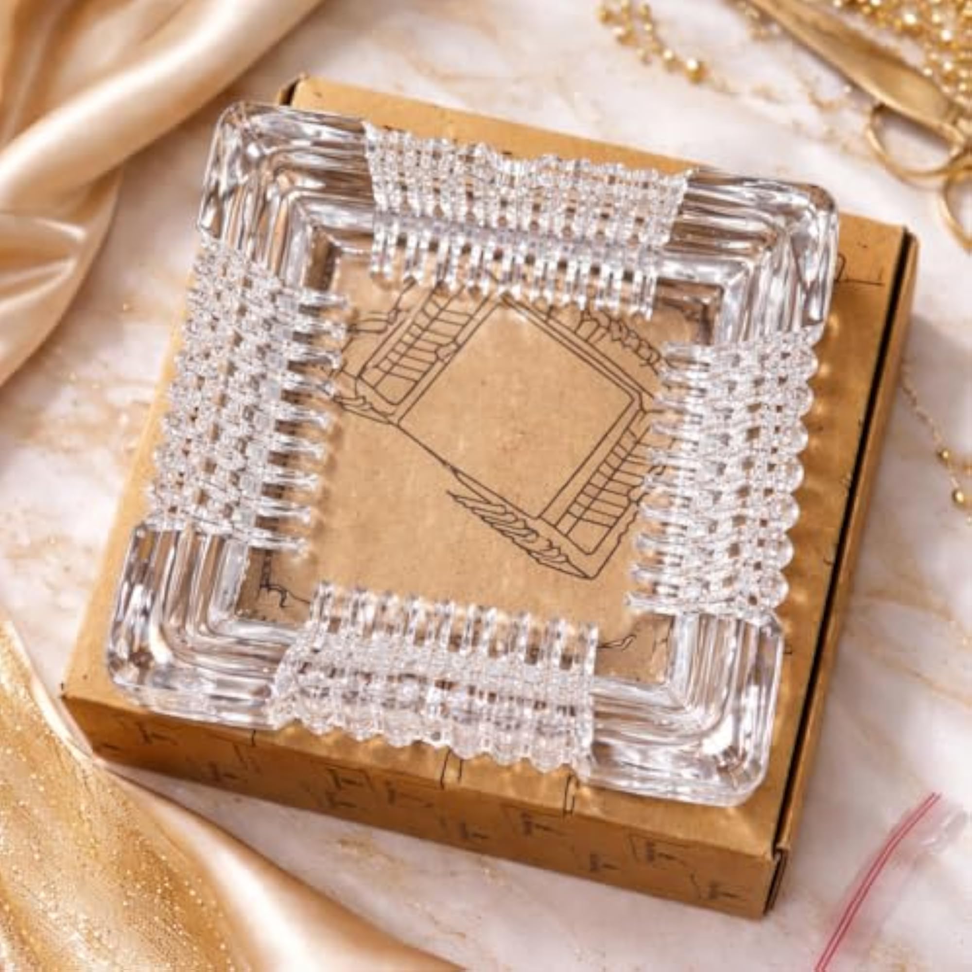 Premium Crystal Glass Ashtray, Square Shape, Decorative Cut Design