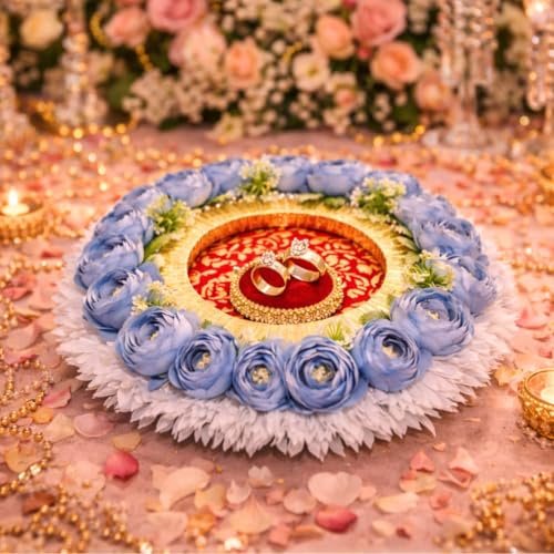 Image of SATYAM KRAFT 1 Pc Handcrafted Engagement Ring Holder Platter Round thali-Ideal for Rakhi, Ring Ceremony, Sagai,shaadi Decor,Marriage, Handmade Decorative Platter for Brides Maid (Blue)