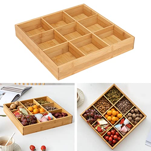 NFNSIG - Appetizer Tray, Snack Serving Tray, Snacks Dessert Plate, Wooden Divided Trays, Large Capacity Dried Fruit Serving Container, Multi Compartments Storage Box Table Top Decor for Sushi(9 Compartments)