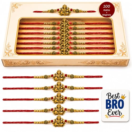 Image of eCraftIndia Pack of 100 Golden Religious Designer Ganesha Rakhi for Brother Bhaiya Bhai | 100 Best Bro Ever Fridge Magnets | Roli Chawal Pack | Raksha Bandhan Rakhi Gift Set