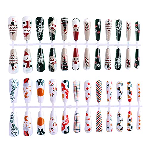 48 Pcs Press On Nails Long False Nails，Christmas Pattern Modeling, Painted Artificial Nails, Acrylic Nail Art, Diy Design Decoration 12 Sizes For Girls