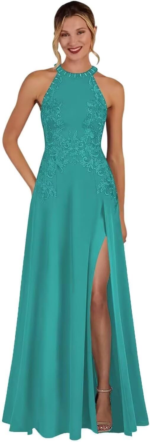 Long Lace Mother of The Bride Dresses Mermaid Halter Formal Dress for Women Wedding Guest
