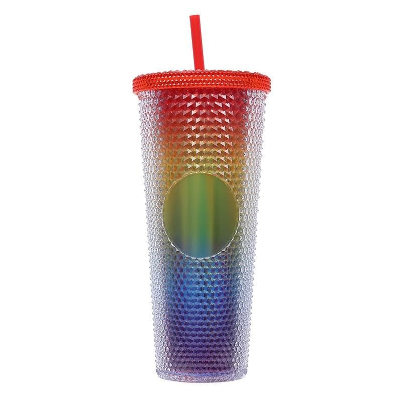 BBTISG 710ml Rivet Cup with Lid and Straw, Double Layer Reusable Ice Coffee Juice Cup for Children Adults Cold for Home, Office, Travel, School (Transparent Rainbow)