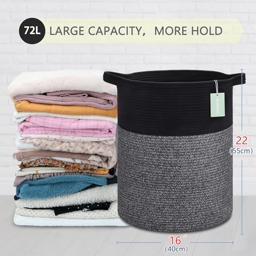 Image of Cotton Rope Blanket Basket, 72L Tall Laundry Hamper, Black & Gray | 16 inchx 22 inch, Large Collapsible Woven Nursery Hamper with Sturdy Handles for Clothes Toys Towels, Bedroom Living Room Bathroom
