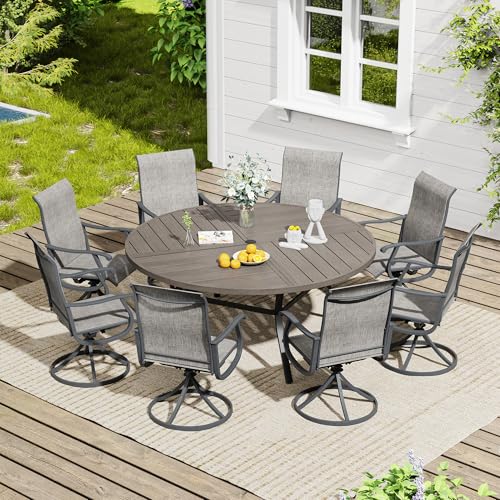 Image of VICLLAX 60 inch Round Outdoor Table, Patio Dining Table for 8-10 with Umbrella Hole for Garden Lawn Deck Backyard, Antique Grey