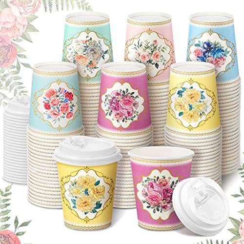36 Pack Disposable Tea Party Cups 9 oz Vintage Floral Paper Tea Cups with Lids Tea Party Decorations Floral Disposable Cups for Kids Girls Mom for Birthday Baby Shower Wedding Bridal Table (Bloomy)