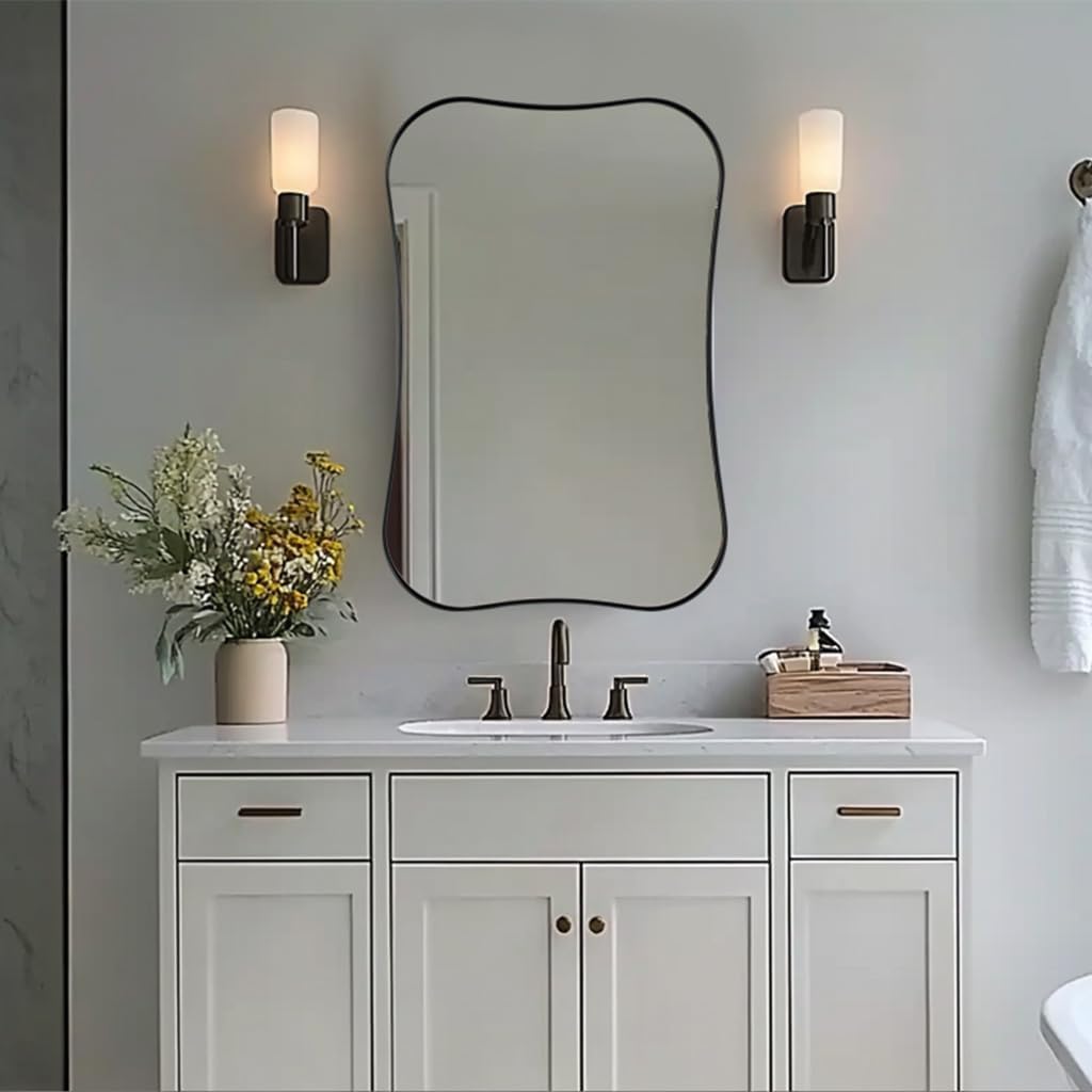 ANDY STAR Wavy Bathroom Mirror, 24x36 Inch Irregular Black Vanity Mirror, Asymmetrical Modern Decorative Mirror for Bathroom, Over Sink, Entryway, Living Room in 1'' Metal Frame Wall Mounted