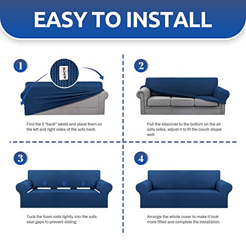 Kekuou Stretch Sofa Cover Slipcover ，Couch Covers For 3 Cushion Couch Sofa (79"-94") Furniture Protector 3 Seater Sofa With Elastic Bottom For Kids,Dog, Jacquard Small Checked(Large,Classic Blue) #TOP6