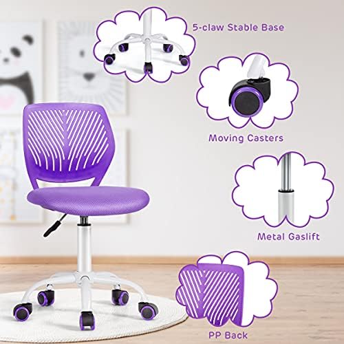 COSTWAY Kids Computer Desk Chair, Low-Back Task Study Chairs with PU Casters, Gas Lift, Adjustable and Swivel Mesh Chair for School Home Office (Purple)