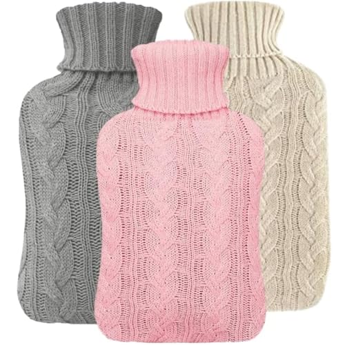 3 Pack 2L Hot Water Bottle with Cover UK - Natural Rubber 2 Litre Hot Water Bottle - Perfect Hot Water Bag for Pain Relief, Hand Feet Warmer & Cold Compress (Cream Bottles x1 Cream, Grey Pink Cover)