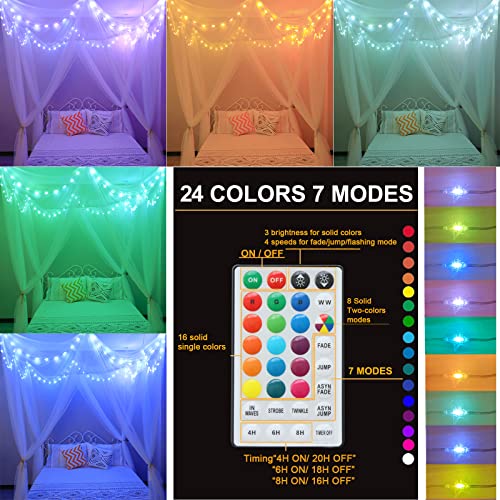 White Bed Canopy With Star Lights Girls Bedroom Decor, 8 Corners Post Hanging Princess Canopy Bed Curtains With 100Led Colors Changing String Lights Remote Control For Twin Full Queen King Bed #TOP2