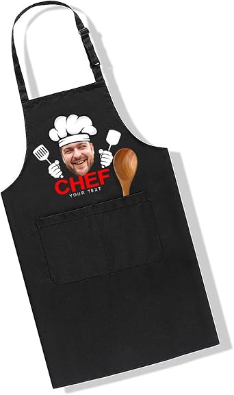 Personalized Chef Aprons Custom Kitchen Apron with Photo Name Logo 2 Pockets Cooking Gift for Baking BBQ Grill Black
