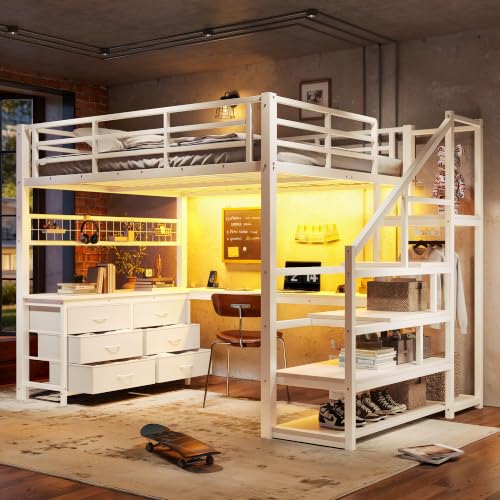 Image of Bellemave Full loft Bed with Storage Stairs, Wardrobe, Shelves, Metal Full Loft Bed Frame for Adults, Kids, Teens, White